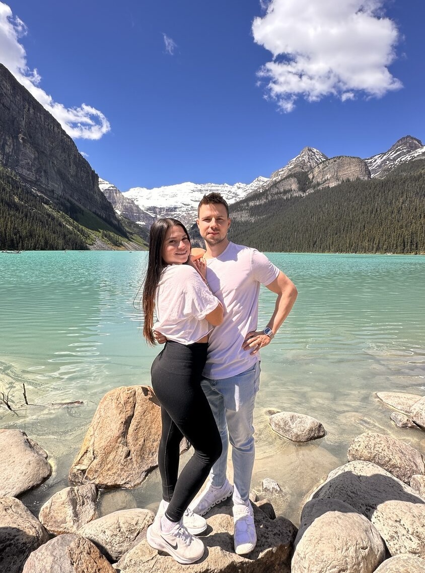 My love on the shore of Lake Louise
