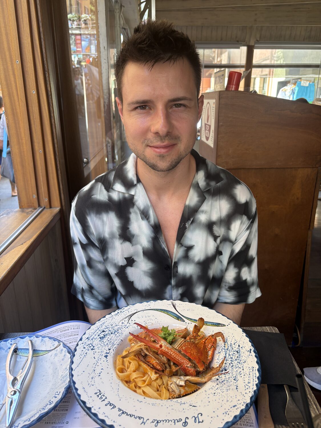 Close view of seafood pasta in Manarola