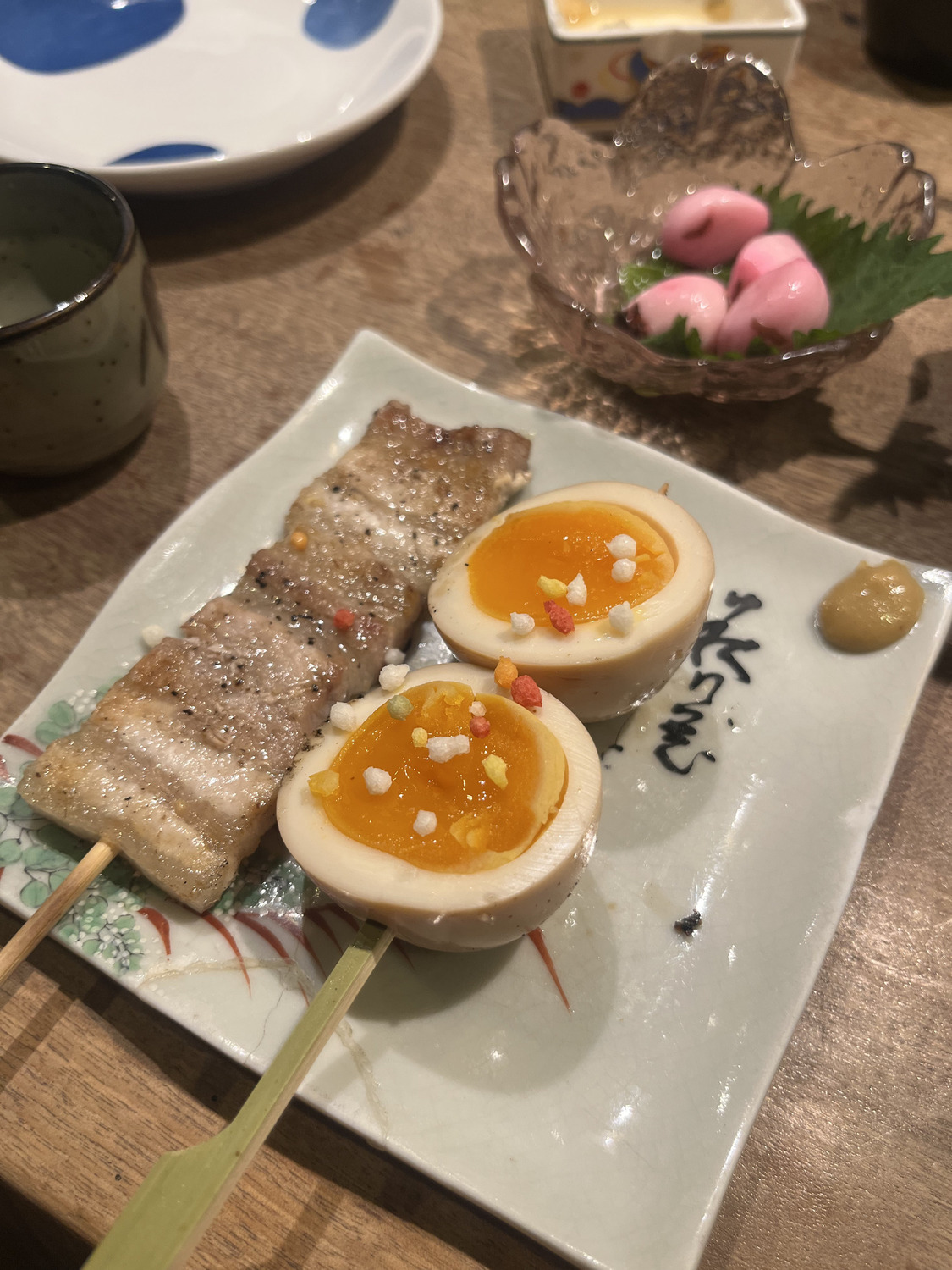 Pork belly skewer with soft-boiled egg