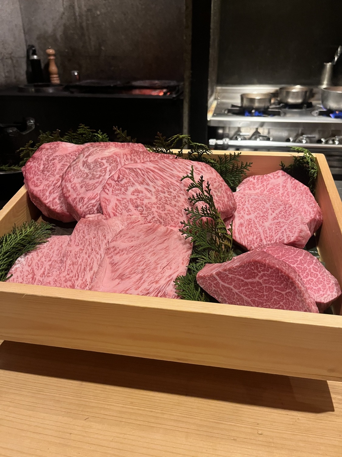 Wagyu cuts presented in a wooden box