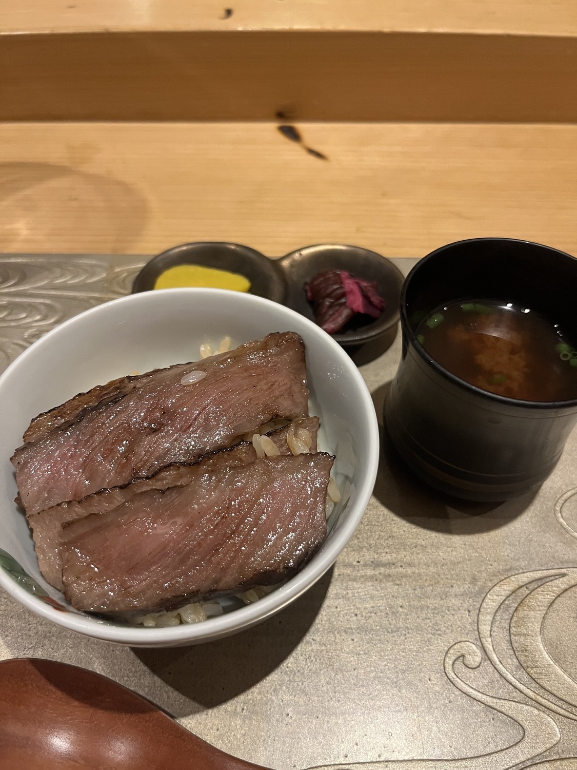 Wagyu donburi with miso soup and pickles