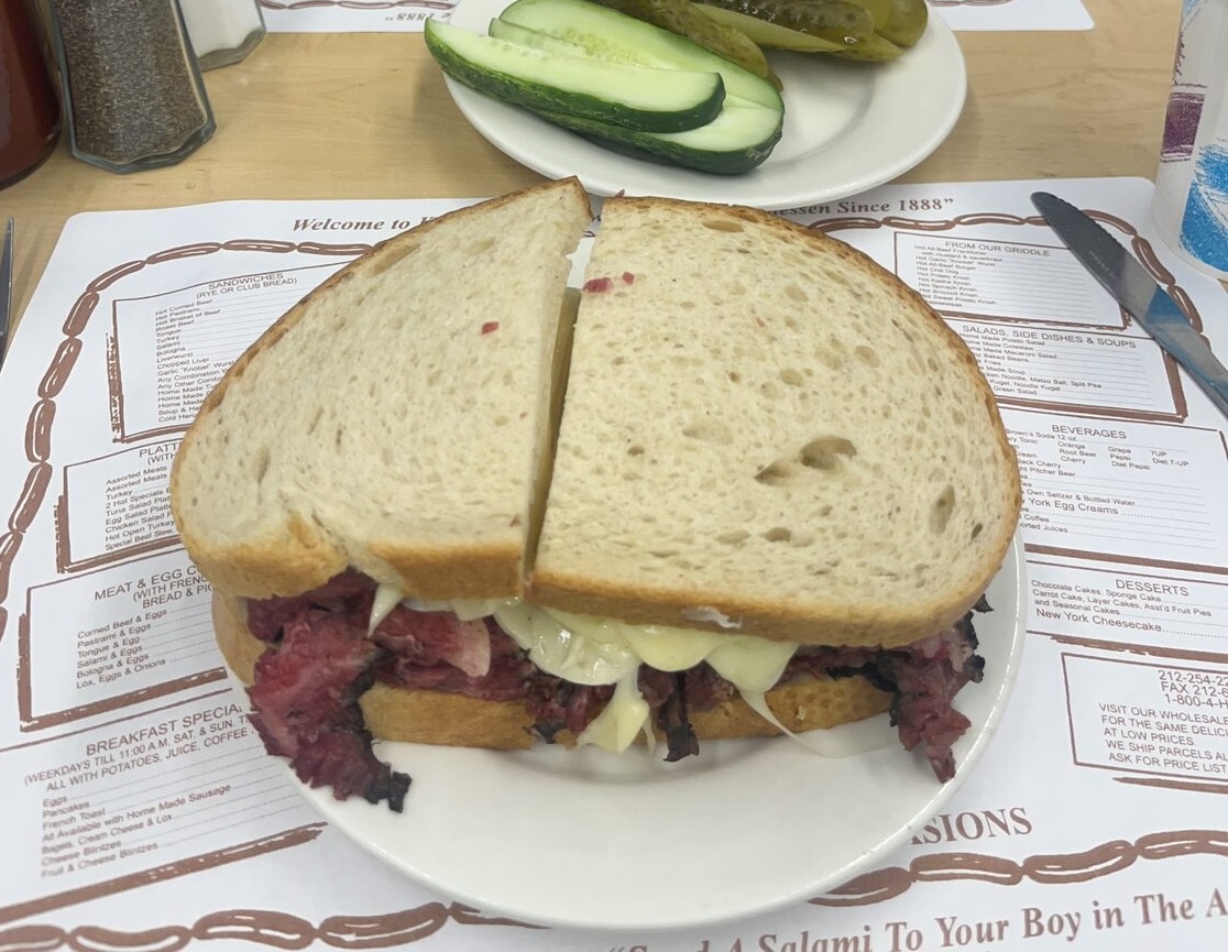 Deli sandwich and pickles on the Lower East Side