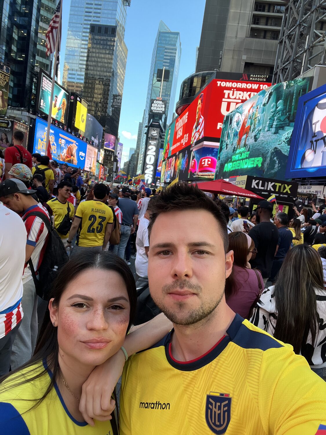 Couple in Ecuador jerseys in Times Square